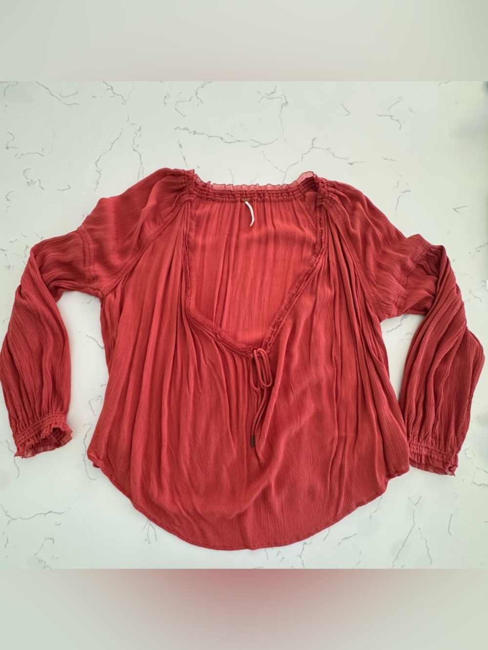 Free People Coral Boho Peasant Blouse Oversized Textured Tie Neck Top Size S